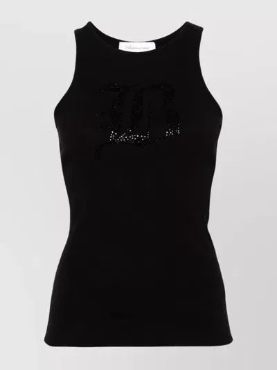 Blumarine Logo Ribbed Cotton Tank Top In Negro