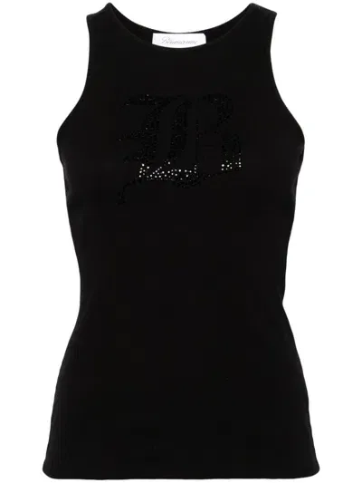 Blumarine Rhinestoned Ribbed-knit Tank Top In Black