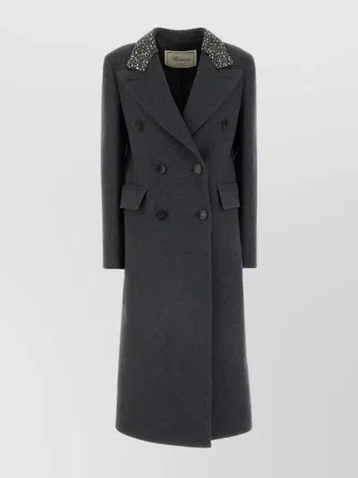 Blumarine Luxe Wool Coat With Jewel-embellished Collar In Darkshadowgrey