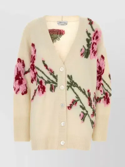 Blumarine Oversize Cardigan With Embroidered Floral Pattern In Ivory/dahlia/rouge N