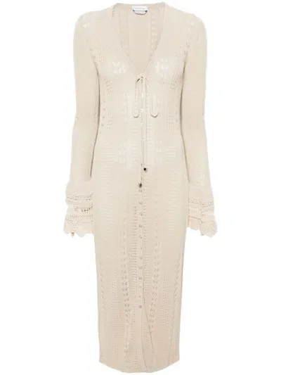 Blumarine Pointelle-knit V-neck Midi Dress In Neutrals