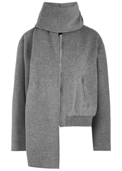 Blumarine Scarf-effect Wool-blend Bomber Jacket In Grey