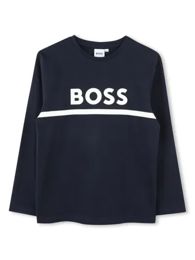 Bosswear Kids' Logo-print Long-sleeve Cotton T-shirt In Blue