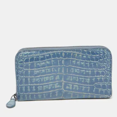 Pre-owned Bottega Veneta Blue Crocodile Zip Around Wallet