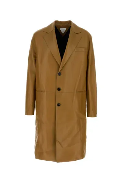 Bottega Veneta Camel Leather Coat In Brown