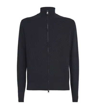 Brioni Cotton-silk-cashmere Zipped Sweater In Blue