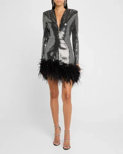 Bronx And Banco Kyoto Sequin Feather-trim Mini Dress In Gunmetal