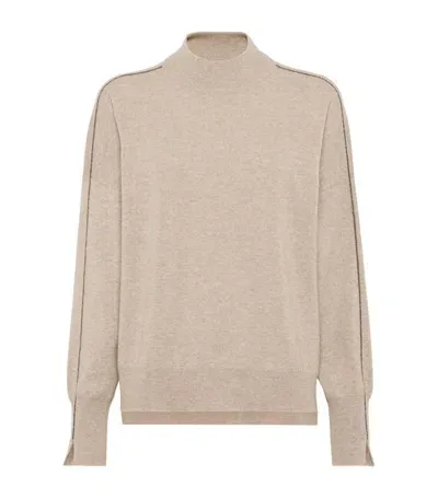 Brunello Cucinelli Cashmere Monili-trim Sweater In Brown