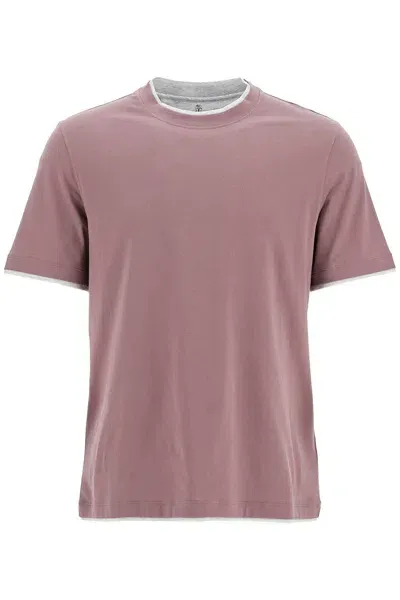 Brunello Cucinelli Cotton T-shirt With Faux Layering In Pink