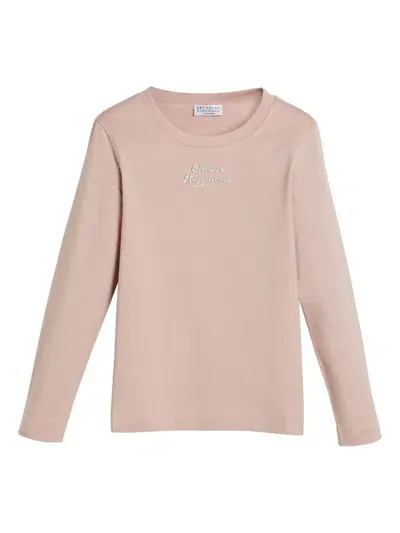 Brunello Cucinelli Kids' Embroidered Cotton T-shirt In Pink