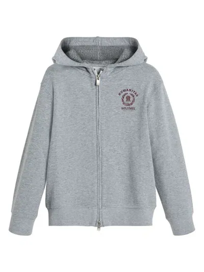 Brunello Cucinelli Kids' Embroidered Zipped Hoodie In Grey