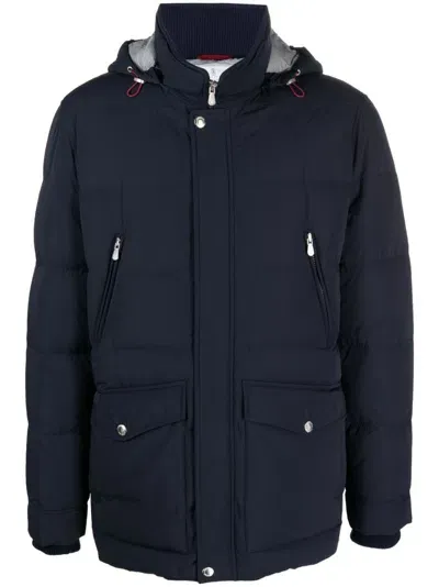 Brunello Cucinelli Feather-down Hooded Jacket In Blue