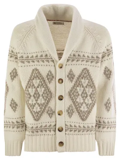 Brunello Cucinelli Geometric Jacquard Cashmere Feather Cardigan With Shawl Collar In White