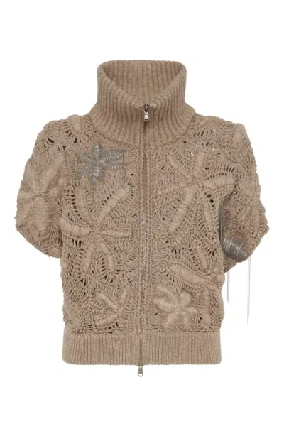 Brunello Cucinelli Handmade Flower Crochet Opera Cardigan In Brown