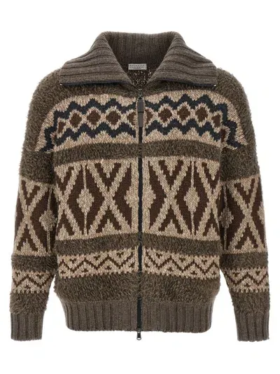 Brunello Cucinelli Jacquard Zipped Knit Cardigan In Multi