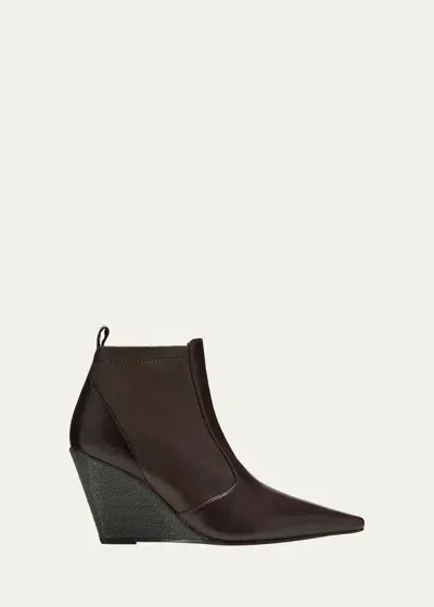 Brunello Cucinelli Monili Wedge Leather Ankle Boots In Brown