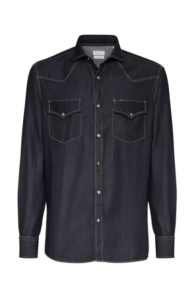 Brunello Cucinelli Denim Cotton Shirt In Grey