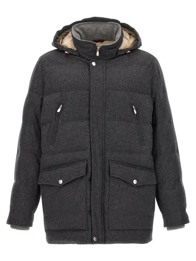 Brunello Cucinelli Long Hooded Down Jacket In Gray