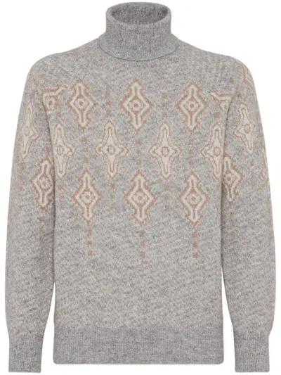 Brunello Cucinelli Luxurious Wool-cotton Blend Sweater With Elegant Pattern And High Neck Design In Grey