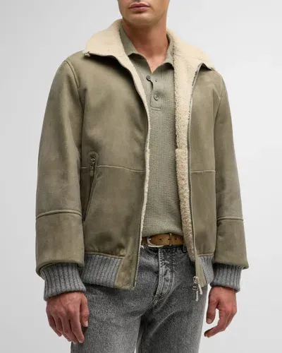 Brunello Cucinelli Men's Shearling-lined Suede Full-zip Bomber Jacket In Military