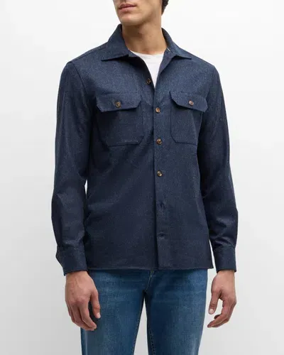 Brunello Cucinelli Virgin Wool Flannel Overshirt With Pockets In Blue