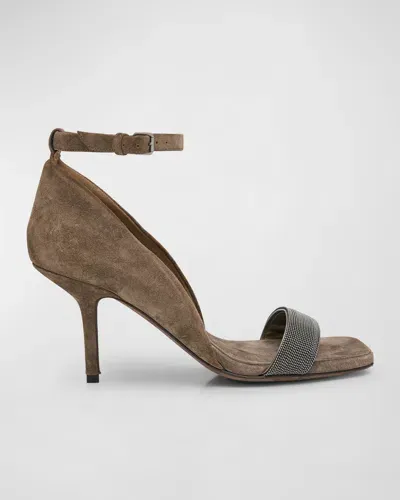 Brunello Cucinelli Monili Ankle-strap Suede Sandals In Brown