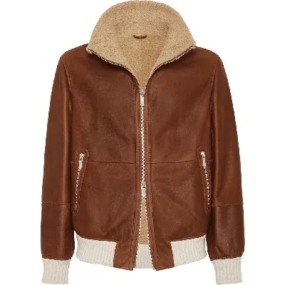 Brunello Cucinelli Nappa Shearling Bomber Jacket In Chocolate