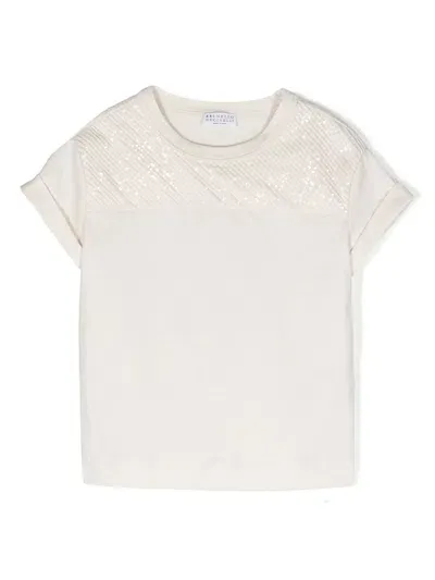 Brunello Cucinelli Kids' Sequin-detail Cotton T-shirt In Neutrals