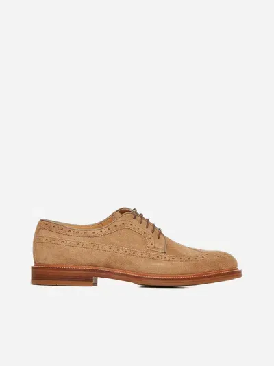 Brunello Cucinelli Suede Brogue Derby Shoes In Tan