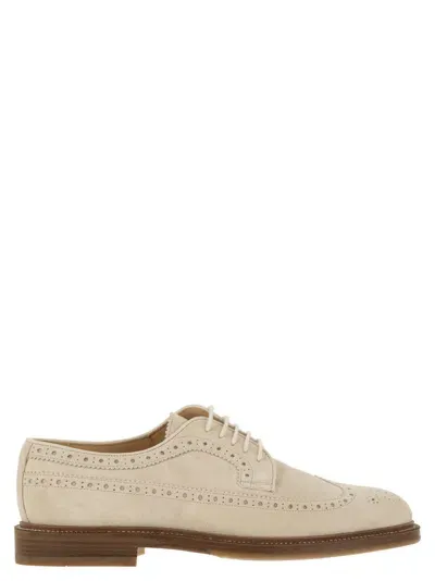 Brunello Cucinelli Suede Longwing Brogue Derby In Milk