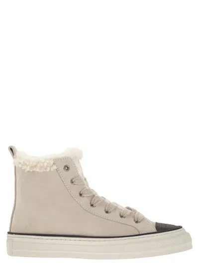 Brunello Cucinelli Suede Trainers With Shearling Lining And Jewelled Toe Cap In Gold