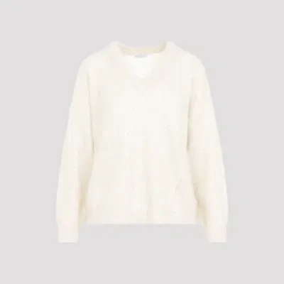 Brunello Cucinelli V Neck Mohair Diamond Sweater Xs In Neutrals