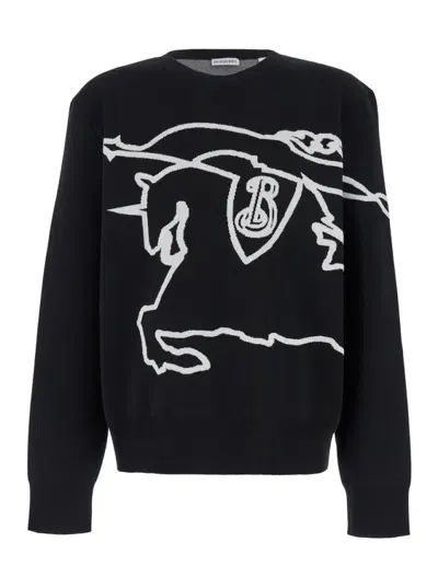 Burberry Black Crewneck Sweater With Maxi Ekd Logo On The Front In Cotton Blend