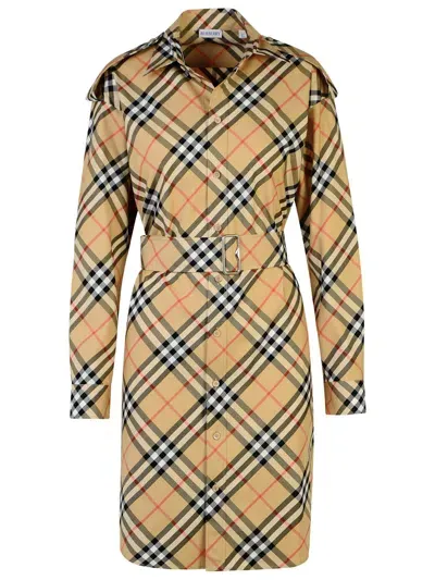 Burberry 'check' Beige Cotton Dress Woman In Cream