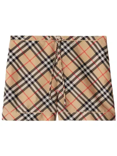 Burberry Check-print Silk Shorts In Sand