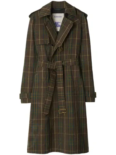 Burberry Checked Cotton Trench Coat In Brown