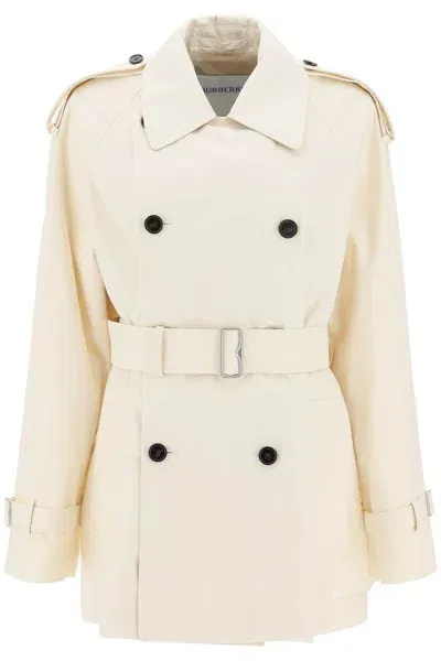 Burberry Short Cotton Gabardine Trench Coat In White