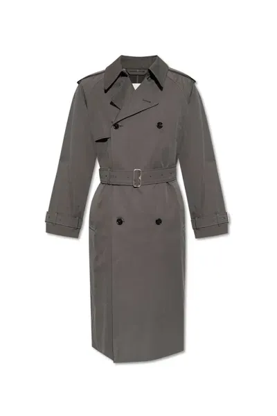 Burberry Double Breasted Belted Trench Coat In Grey