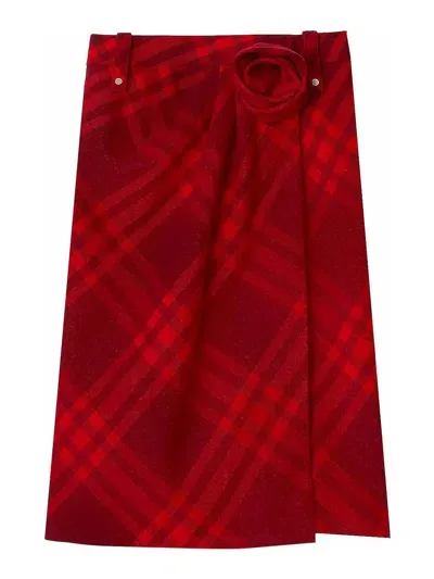 Burberry Wool Skirt With Check Motif In Red