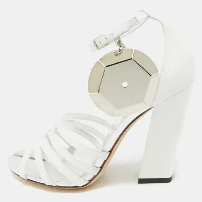 Pre-owned Burberry Grey/white Leather Block Heel Ankle Strap Sandals Size 39