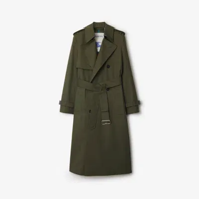 Burberry Long Cotton Blend Trench Coat In Military