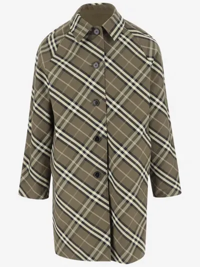 Burberry Cotton Gabardine Coat With Check Pattern In Olive