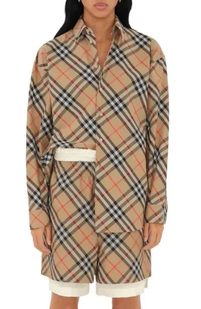 Burberry Check Long-sleeve Cotton Button-down Top In Sand