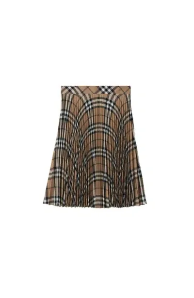 Burberry Pleated Check Wool Blend Skirt In Linden