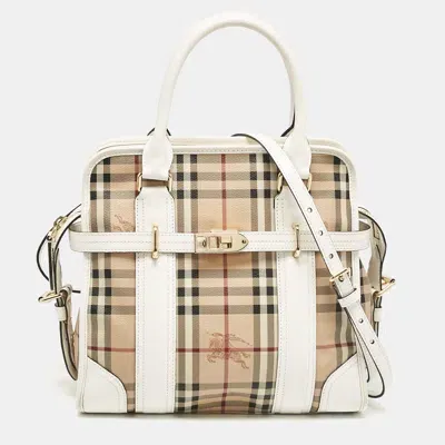 Pre-owned Burberry White/beige Haymarket Pvc And Leather Pvc Minford Satchel