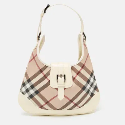 Pre-owned Burberry White/beige Nova Check Pvc And Patent Leather Brooke Hobo