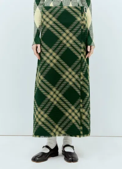 Burberry Pleated Checked Wool Midi Wrap Skirt In Green