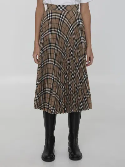 Burberry Wool Blend Check Pattern Pleated Skirt In Black