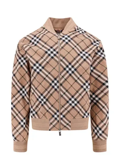 Burberry Wool Blend Jacket With Check Print In Brown