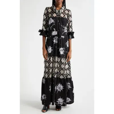 Busayo Bidemi Mixed Media Cotton Maxi Dress In Black/white